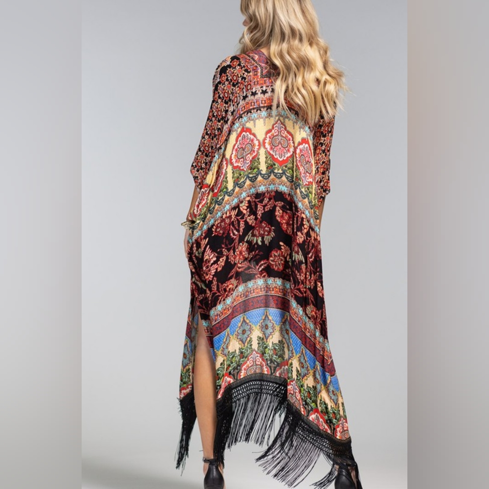 Bohemian Floral & Demask Print Kimono / Duster w/ Side Slits - Deep Rich Colors - Picture 6 of 7